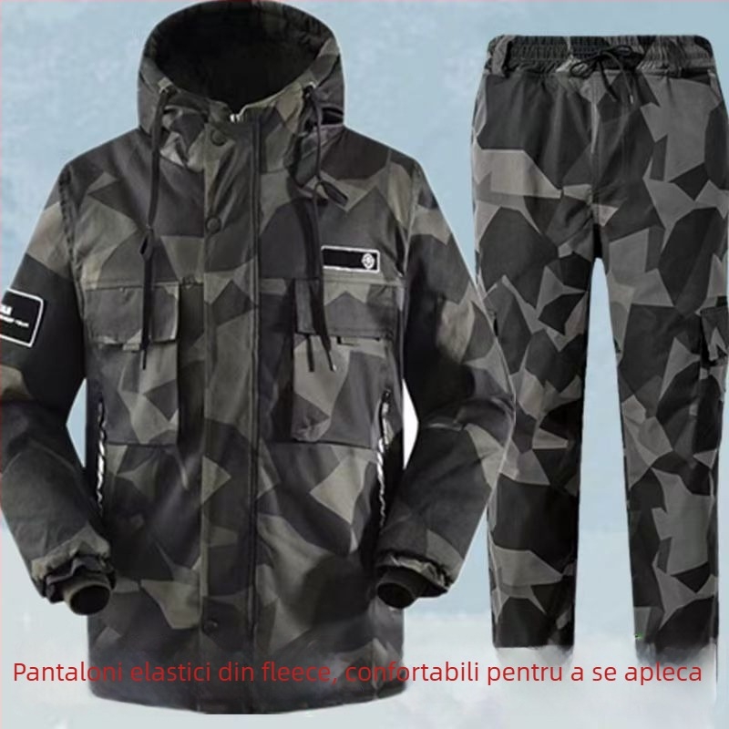 Jachetă bărbătească camuflată cu glugă — palton gros de iarnă, impermeabil și rezistent la vânt, fermoar pe față, lungime medie