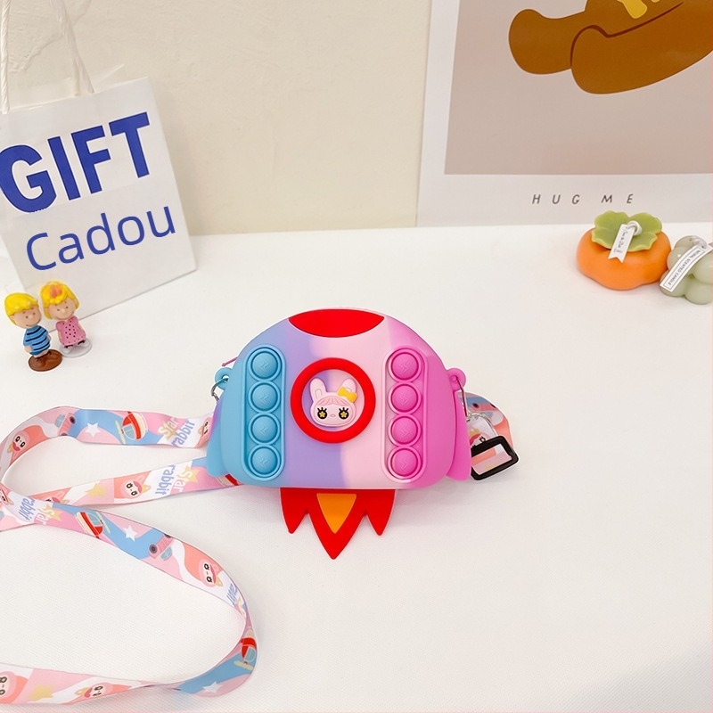 Portofel de monede din silicon cu motiv rachetă pentru copii — stil desen animat, închidere cu 1 clapă, impermeabil și rezistent la uzură