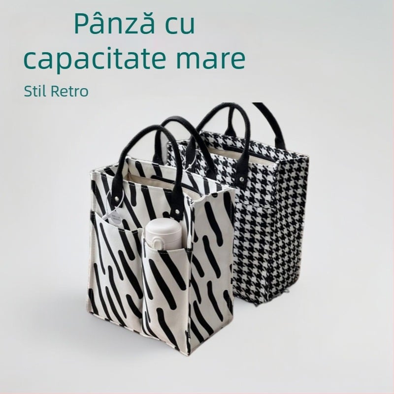 Geantă de mână din canvas în stil japonez, proiectată în fabrică, cu model în carouri și capacitate mare pentru prânz