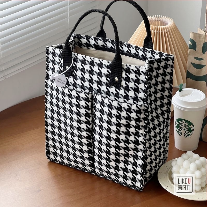 Geantă de mână din canvas în stil japonez, proiectată în fabrică, cu model în carouri și capacitate mare pentru prânz