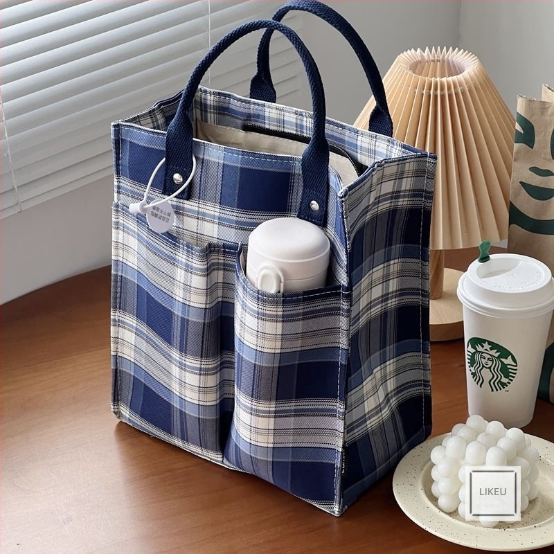 Geantă de mână din canvas în stil japonez, proiectată în fabrică, cu model în carouri și capacitate mare pentru prânz