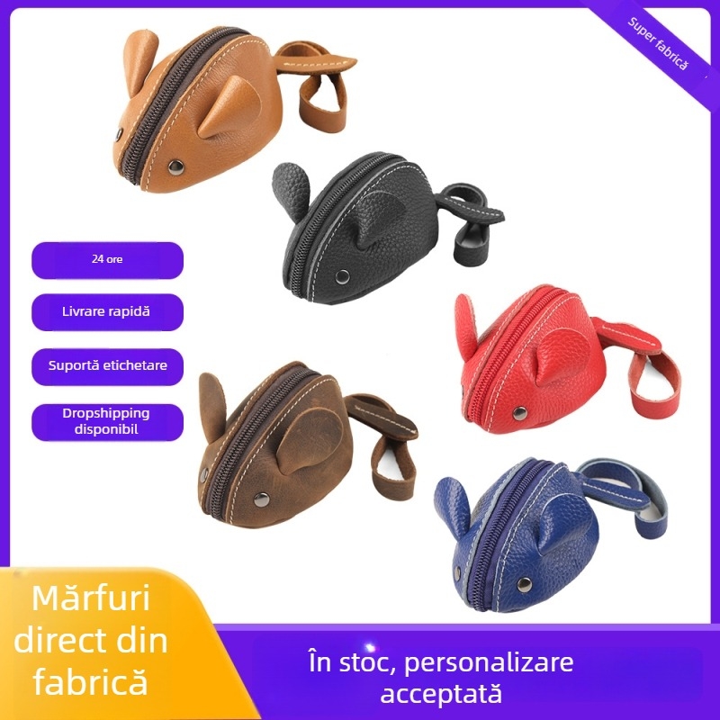 Portofel pentru copii din piele naturală pentru monede, cu design cu șoricel desen animat, suport pentru chei și spațiu de depozitare multifuncțional