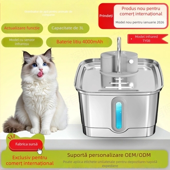 Dispenser de apă pentru animale de companie, cu capacitate de 3 L, senzor infraroșu, circulație inteligentă a apei, pentru pisici și câini.