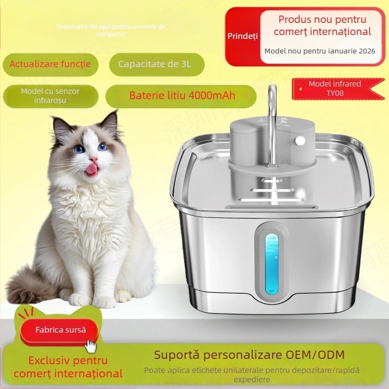 Dispenser de apă pentru animale de companie, cu capacitate de 3 L, senzor infraroșu, circulație inteligentă a apei, pentru pisici și câini.