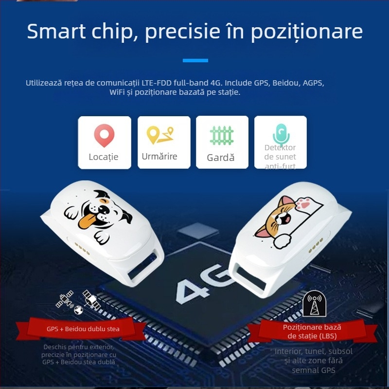 Colier locator pentru animale de companie cu 4G, compatibil Android/iOS, baterie 500 mAh, greutate 30 g, dimensiuni 31×61×16 mm
