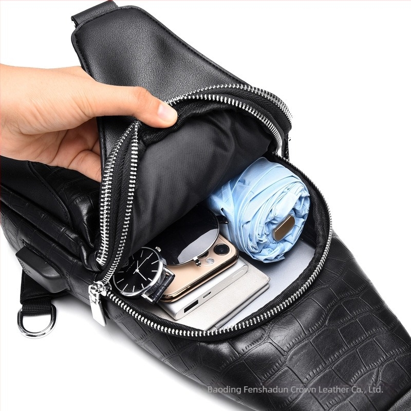 Geantă pentru bărbați din PU, cu model crocodil, crossbody, impermeabilă, căptușită cu poliester