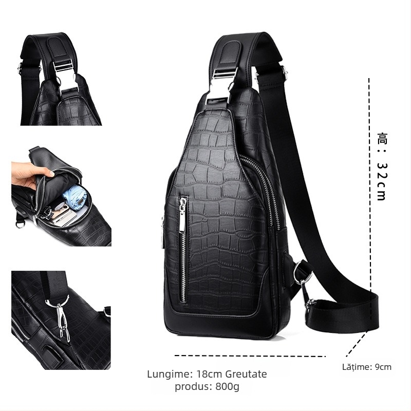 Geantă pentru bărbați din PU, cu model crocodil, crossbody, impermeabilă, căptușită cu poliester