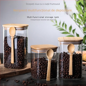 Recipient pătrat din sticlă pentru boabe de cafea, sigilat, cu lingură din lemn, compatibil cu microundele