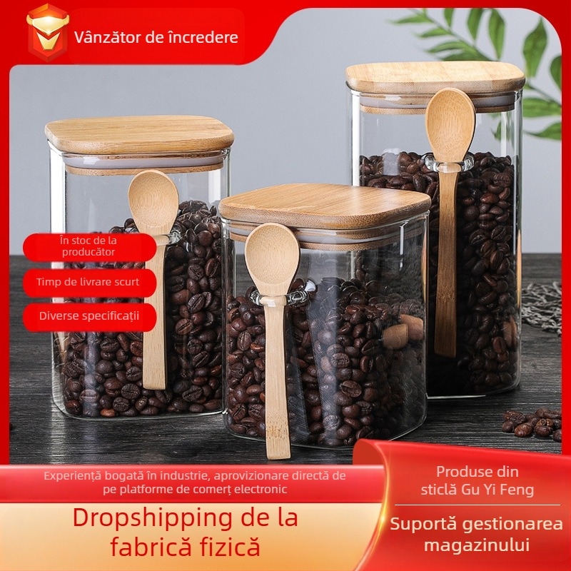 Recipient pătrat din sticlă pentru boabe de cafea, sigilat, cu lingură din lemn, compatibil cu microundele