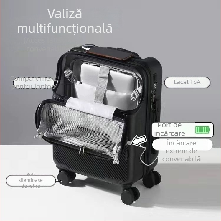 Bagaj ABS cu deschidere frontală, mâner telescopic, 2,8 kg, încuietoare TSA cu combinație, roți universale