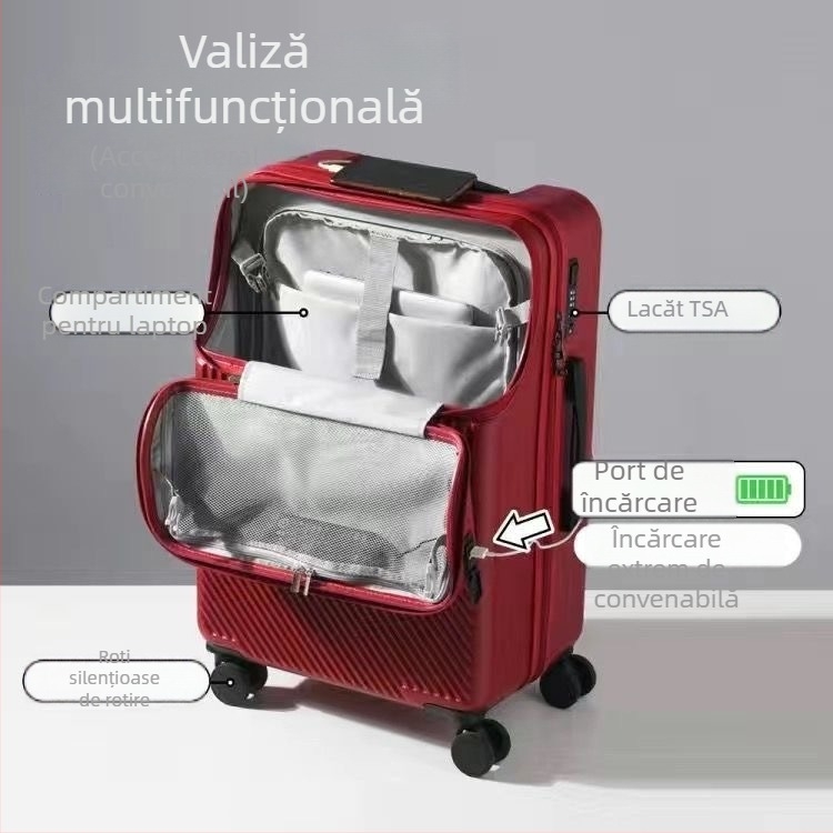 Bagaj ABS cu deschidere frontală, mâner telescopic, 2,8 kg, încuietoare TSA cu combinație, roți universale