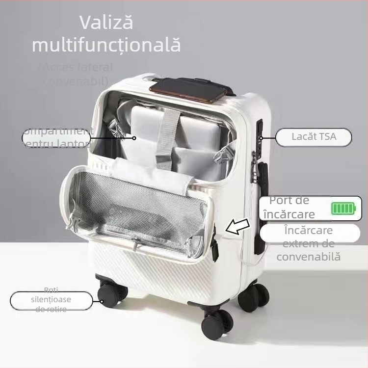 Bagaj ABS cu deschidere frontală, mâner telescopic, 2,8 kg, încuietoare TSA cu combinație, roți universale