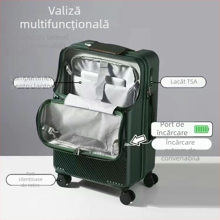 Bagaj ABS cu deschidere frontală, mâner telescopic, 2,8 kg, încuietoare TSA cu combinație, roți universale