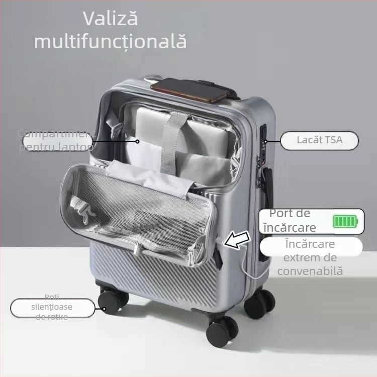 Bagaj ABS cu deschidere frontală, mâner telescopic, 2,8 kg, încuietoare TSA cu combinație, roți universale