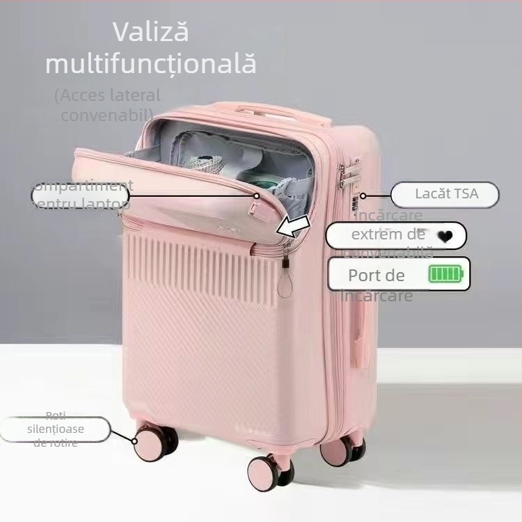 Bagaj ABS cu deschidere frontală, mâner telescopic, 2,8 kg, încuietoare TSA cu combinație, roți universale