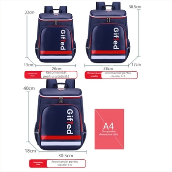 Ghiozdan școlar pentru copii, suport ergonomic pentru reducerea încărcării și protecția coloanei, respirabil, impermeabil, poliester, pentru clasele 1–6