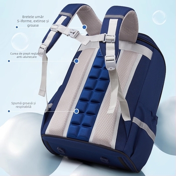 Rucsac școlar cu temă spațială pentru elevi din învățământ primar, cu protecție a coloanei și reducere a încărcării (material Oxford, capacitate mare, imprimare logo, bretele cu aer)