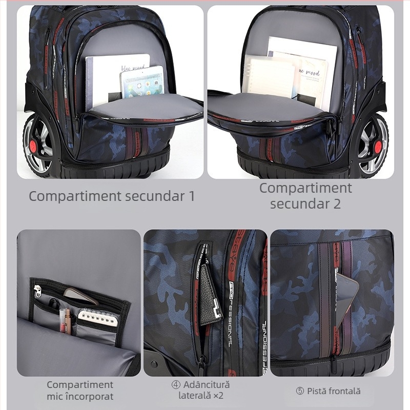 Rucsac cu roți pentru femei, destinat elevilor de gimnaziu și peste, din material Oxford, impermeabil, antibacterian și rezistent la uzură, cu elemente reflectorizante pentru siguranță nocturnă, bretele curbate, căptușeală poliester