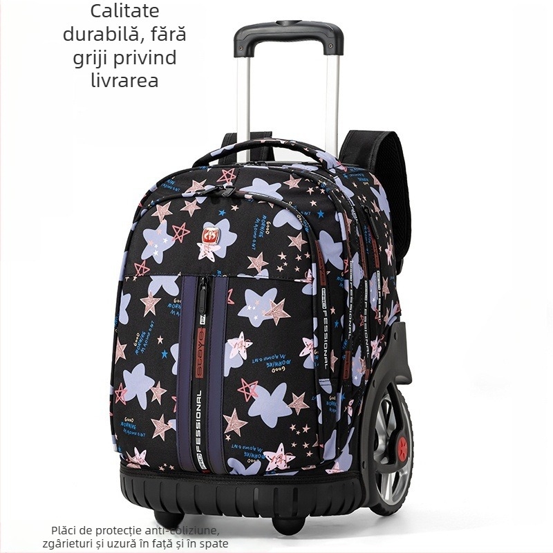 Rucsac cu roți pentru femei, destinat elevilor de gimnaziu și peste, din material Oxford, impermeabil, antibacterian și rezistent la uzură, cu elemente reflectorizante pentru siguranță nocturnă, bretele curbate, căptușeală poliester