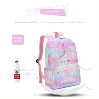 Rucsac școlar cu model unicorn, capacitate 20–35 L, poliester, respirabil, impermeabil, rezistent la uzură, curea cu pernă de aer