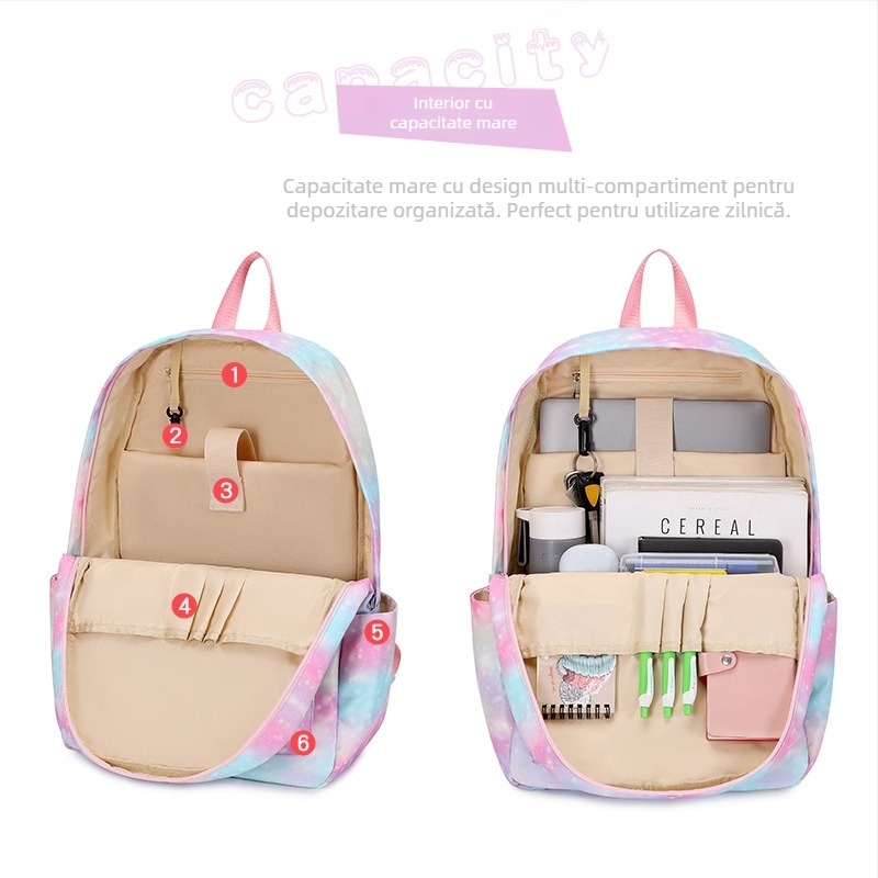 Rucsac școlar cu model unicorn, capacitate 20–35 L, poliester, respirabil, impermeabil, rezistent la uzură, curea cu pernă de aer