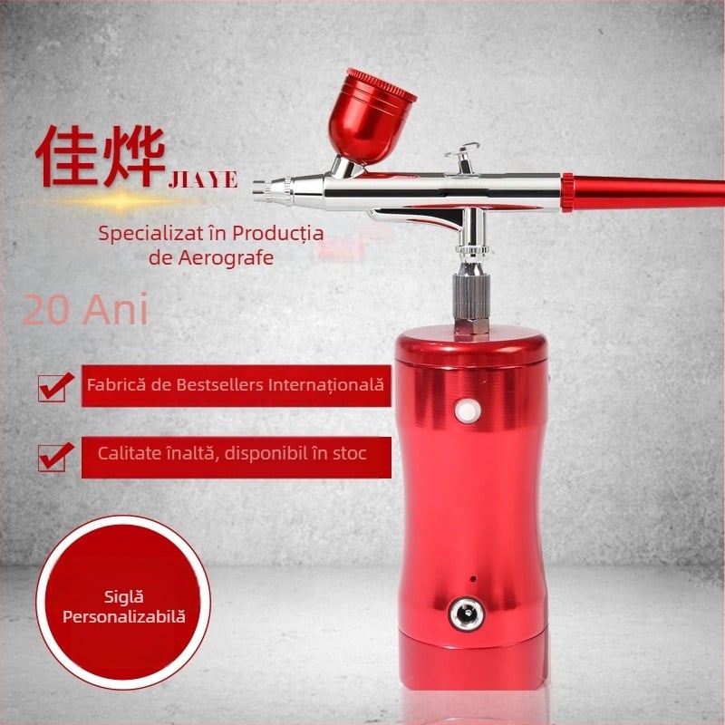 Set portabil cu injecție de oxigen — aerograf electric, alimentare gravitațională, pistol de pulverizare pentru pictură și artă a unghiilor; intrare aer: filet 1/8 inch; presiune de lucru: 25 psi; tip alimentare: gravitațional; recipient superior