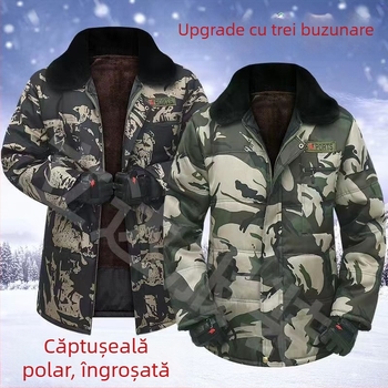 Jachetă de iarnă din bumbac, cu rever, imprimeu camuflaj, fermoar, căptușeală fleece, croială lejeră, trei buzunare aplicate