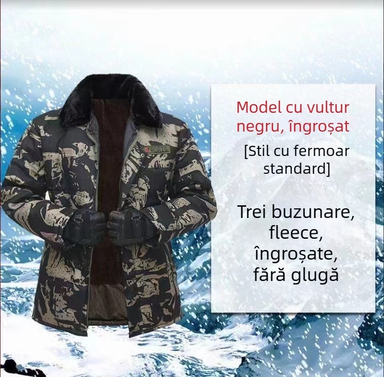 Jachetă de iarnă din bumbac, cu rever, imprimeu camuflaj, fermoar, căptușeală fleece, croială lejeră, trei buzunare aplicate