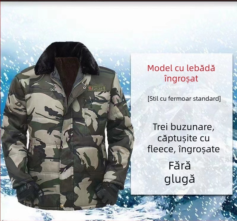 Jachetă de iarnă din bumbac, cu rever, imprimeu camuflaj, fermoar, căptușeală fleece, croială lejeră, trei buzunare aplicate