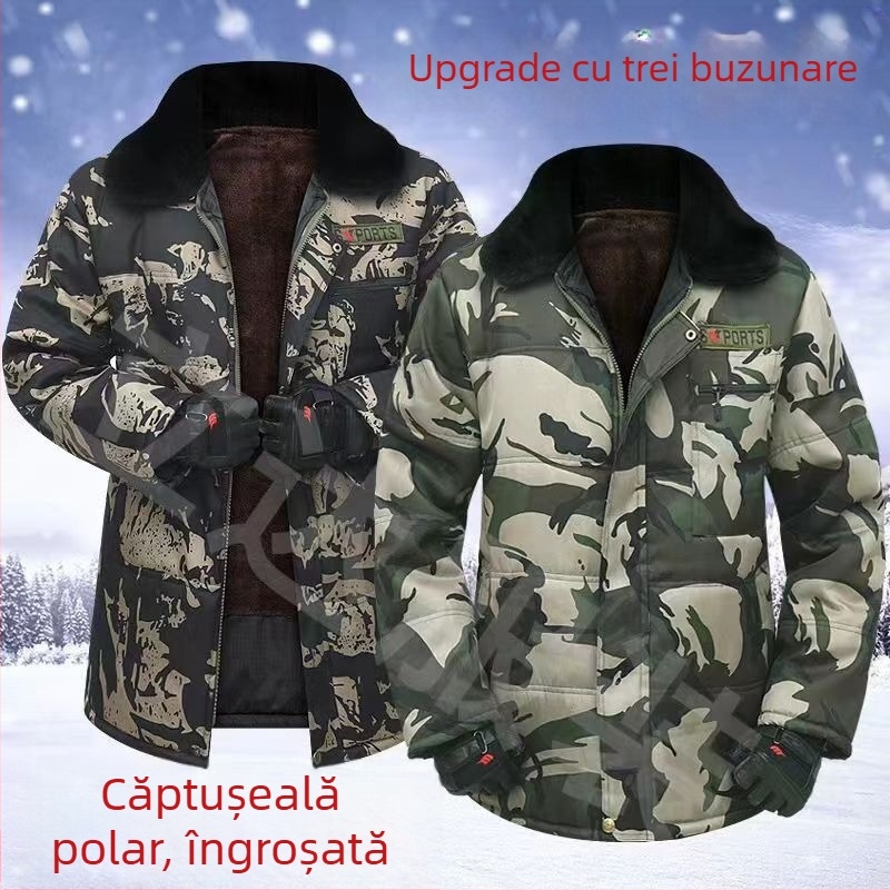 Jachetă de iarnă din bumbac, cu rever, imprimeu camuflaj, fermoar, căptușeală fleece, croială lejeră, trei buzunare aplicate