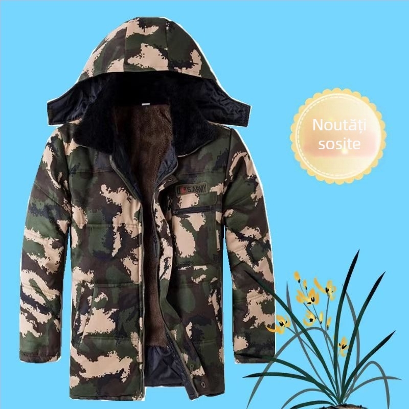 Jachetă de iarnă din bumbac, cu rever, imprimeu camuflaj, fermoar, căptușeală fleece, croială lejeră, trei buzunare aplicate
