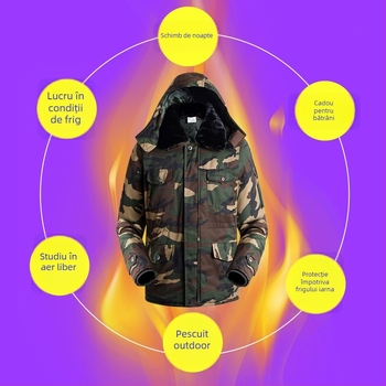 Set de iarnă pentru bărbați, cu model camuflaj, căptușit cu bumbac, izolație groasă, impermeabil, închidere cu fermoar, jachetă și pantaloni.