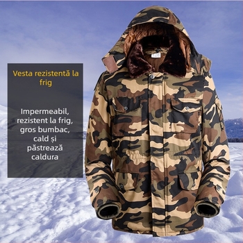 Set de iarnă pentru bărbați, cu model camuflaj, căptușit cu bumbac, izolație groasă, impermeabil, închidere cu fermoar, jachetă și pantaloni.