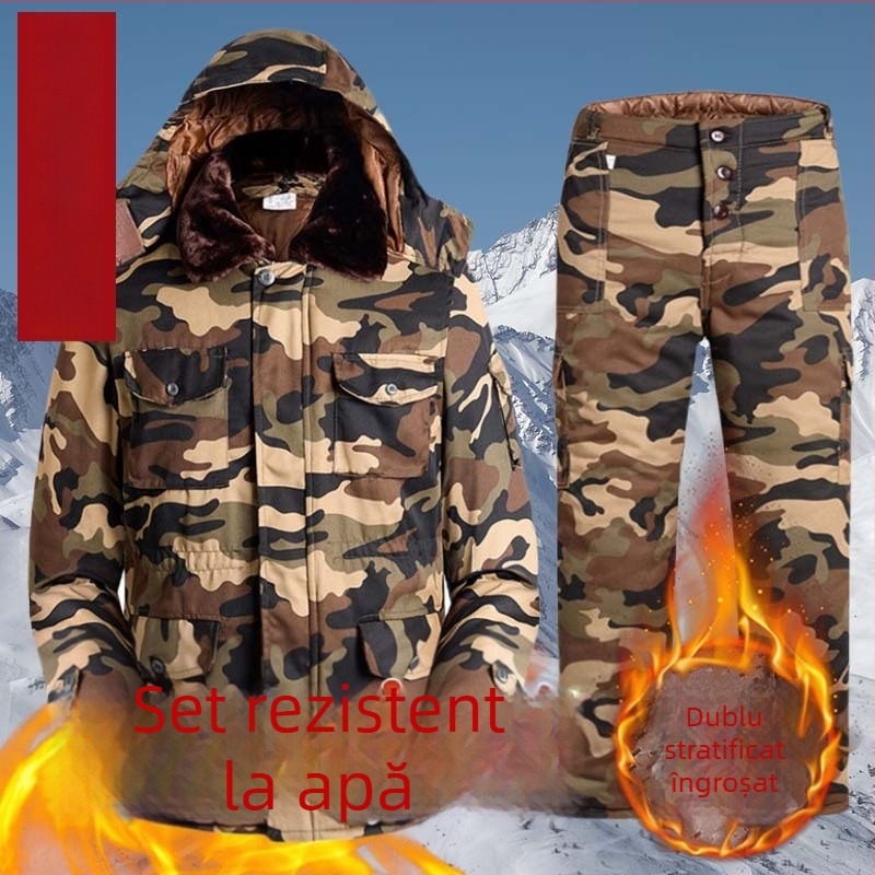 Set de iarnă pentru bărbați, cu model camuflaj, căptușit cu bumbac, izolație groasă, impermeabil, închidere cu fermoar, jachetă și pantaloni.