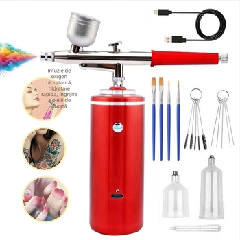 Set portabil electric pentru manichiură cu pulverizator hidratant și injecție de oxigen — corp din aluminiu; pentru hidratare, manichiură și tratamente ale scalpului; presiune maximă 0,2; debit maxim 6; distanță de pulverizare 200.