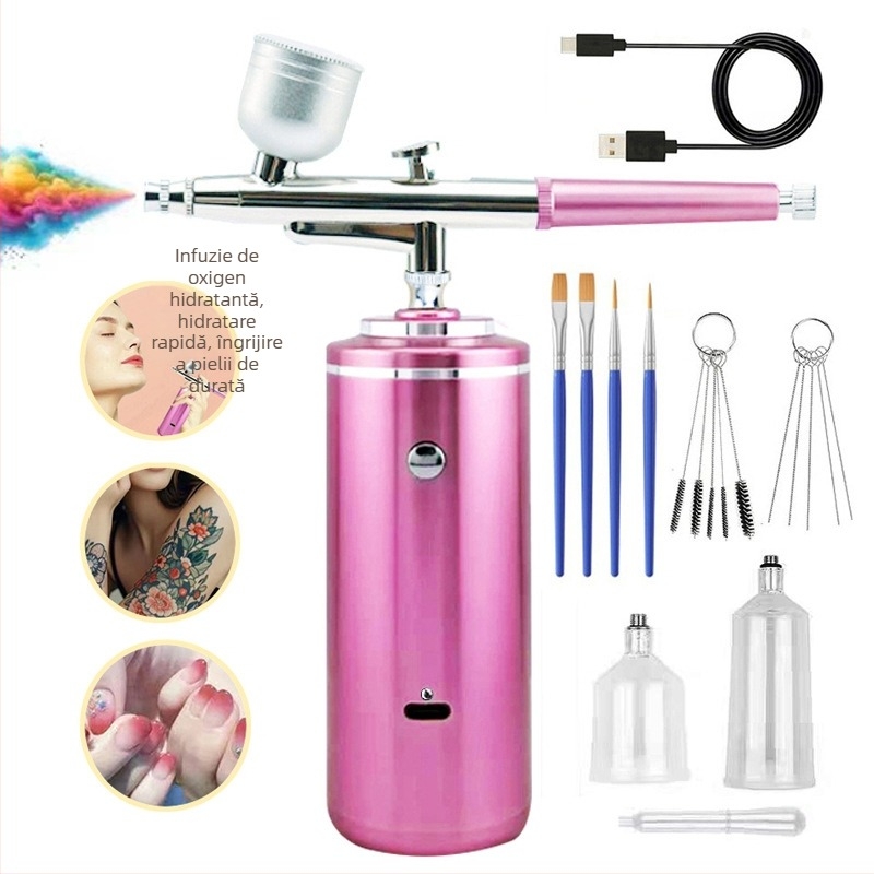 Set portabil electric pentru manichiură cu pulverizator hidratant și injecție de oxigen — corp din aluminiu; pentru hidratare, manichiură și tratamente ale scalpului; presiune maximă 0,2; debit maxim 6; distanță de pulverizare 200.