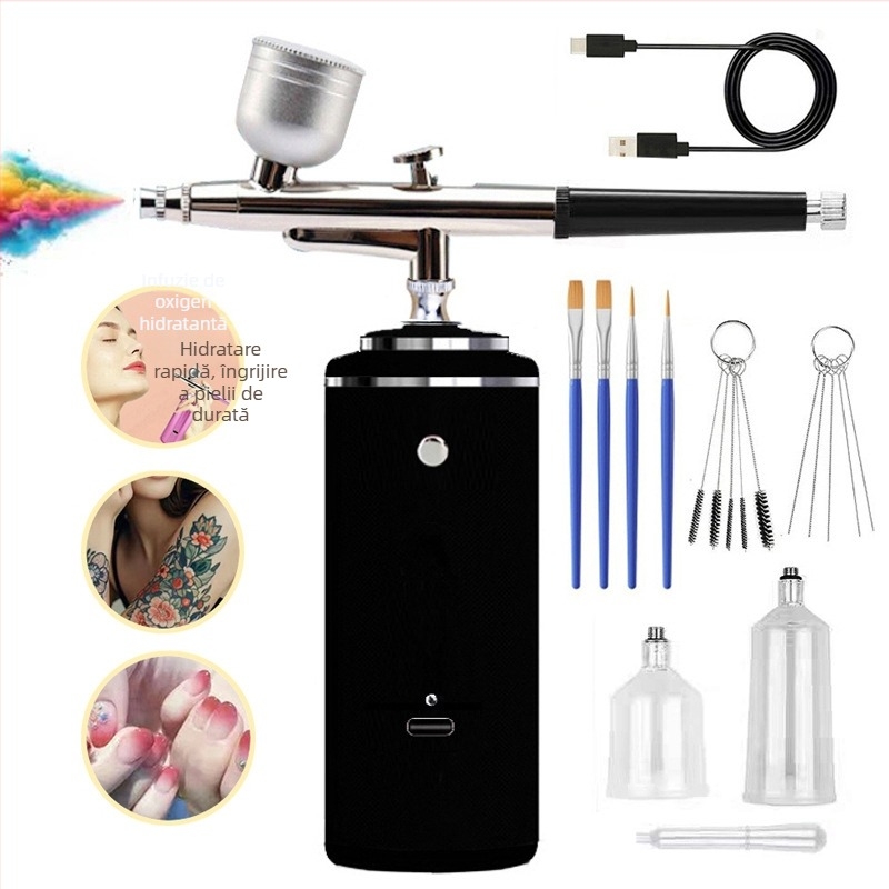 Set portabil electric pentru manichiură cu pulverizator hidratant și injecție de oxigen — corp din aluminiu; pentru hidratare, manichiură și tratamente ale scalpului; presiune maximă 0,2; debit maxim 6; distanță de pulverizare 200.