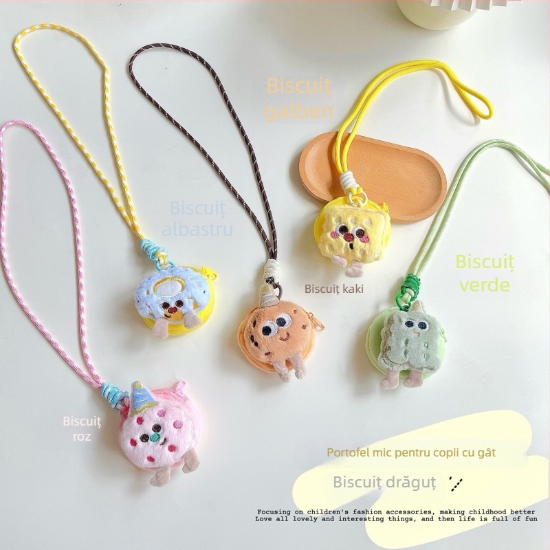 Portofel pentru copii cu design de biscuiți din pluș, șnur pentru gât — unisex, pentru grădiniță, fără căptușeală, pentru depozitare, lansare toamna 2025