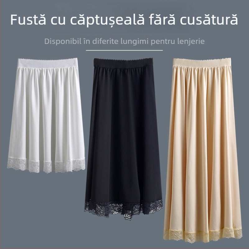 Slip interior cu dantelă, fustă în linie A, lungime medie, material Milk Silk cu amestec spandex și poliester