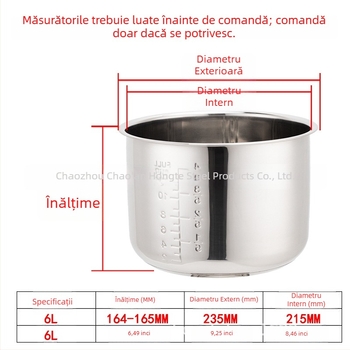 Vas interior pentru oală electrică cu presiune, oțel inoxidabil 304, modelul 165, dublu fund, bază îngroșată, rezistent la coroziune