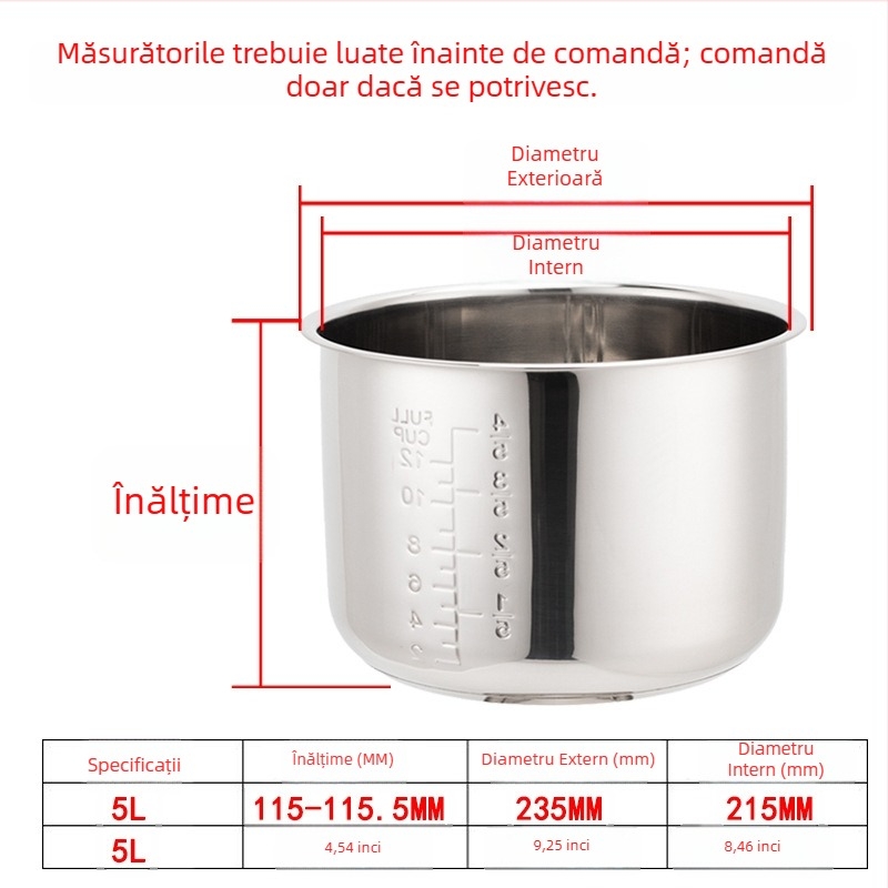 Vas interior pentru oală electrică cu presiune, oțel inoxidabil 304, modelul 165, dublu fund, bază îngroșată, rezistent la coroziune