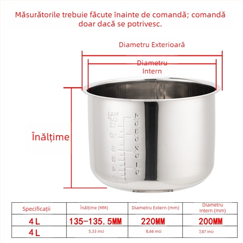 Vas interior pentru oală electrică cu presiune, oțel inoxidabil 304, modelul 165, dublu fund, bază îngroșată, rezistent la coroziune