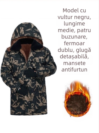 Palton din bumbac pentru bărbați, model camuflaj, cu glugă, căptușeală fleece, lungime medie