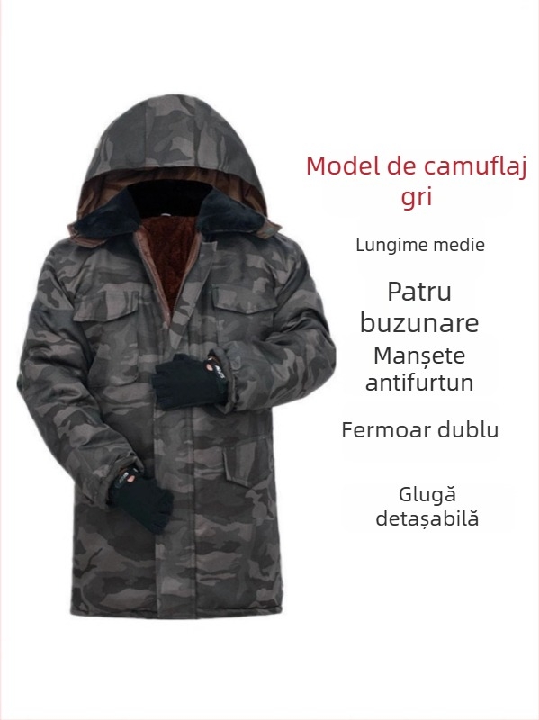 Palton din bumbac pentru bărbați, model camuflaj, cu glugă, căptușeală fleece, lungime medie