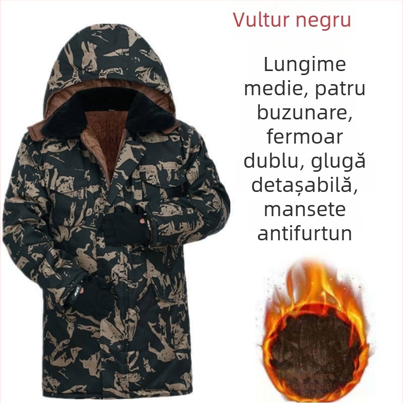 Palton din bumbac pentru bărbați, model camuflaj, cu glugă, căptușeală fleece, lungime medie