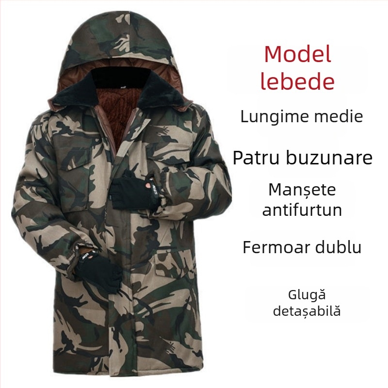 Palton din bumbac pentru bărbați, model camuflaj, cu glugă, căptușeală fleece, lungime medie