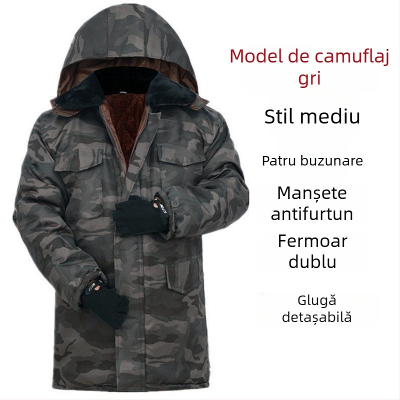 Palton din bumbac pentru bărbați, model camuflaj, cu glugă, căptușeală fleece, lungime medie