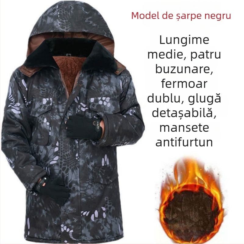 Palton din bumbac pentru bărbați, model camuflaj, cu glugă, căptușeală fleece, lungime medie