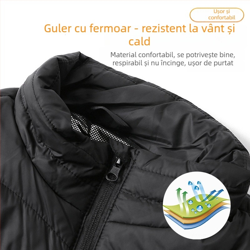 Vesta de iarnă pentru exterior, încălzire în nouă zone, ultra-ușoară, caldă și rezistentă la vânt, stil cardigan, căptușeală din bumbac, țesătură din poliester, unisex, cu căptușeală detașabilă