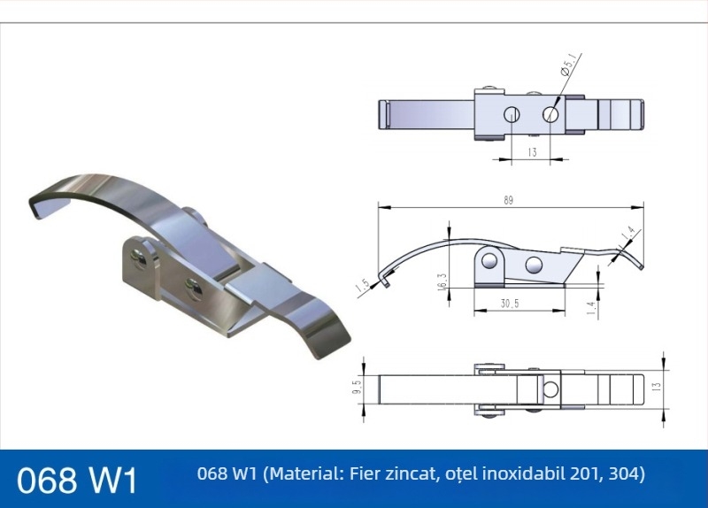 Încuietoare din oțel inoxidabil reglabilă pentru siguranță la mașinile de turnare prin injecție și echipamentele de aspirație vid; model Safety buckle; cârlig lung greu; finisaj: vibrație șlefuită